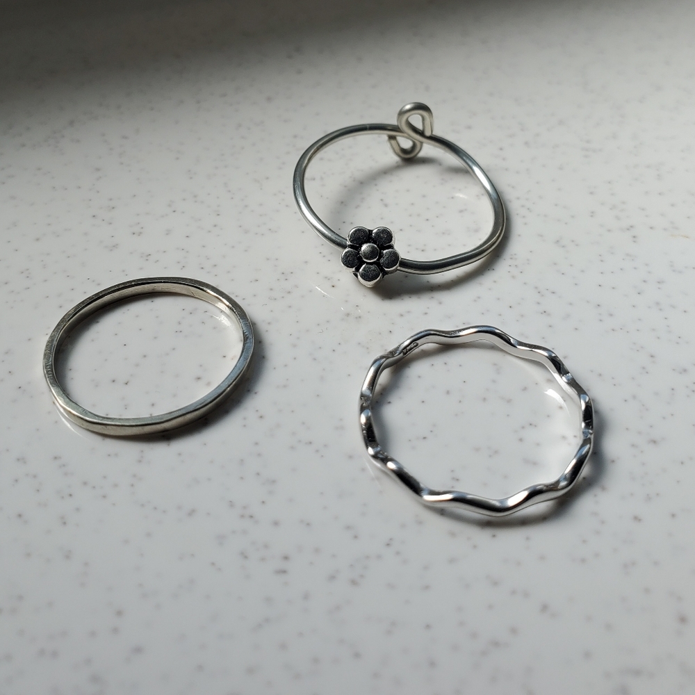 silver wavy flower boho 90s y2k hippie retro dainty 925 metal band rings set - Picture 6 of 6